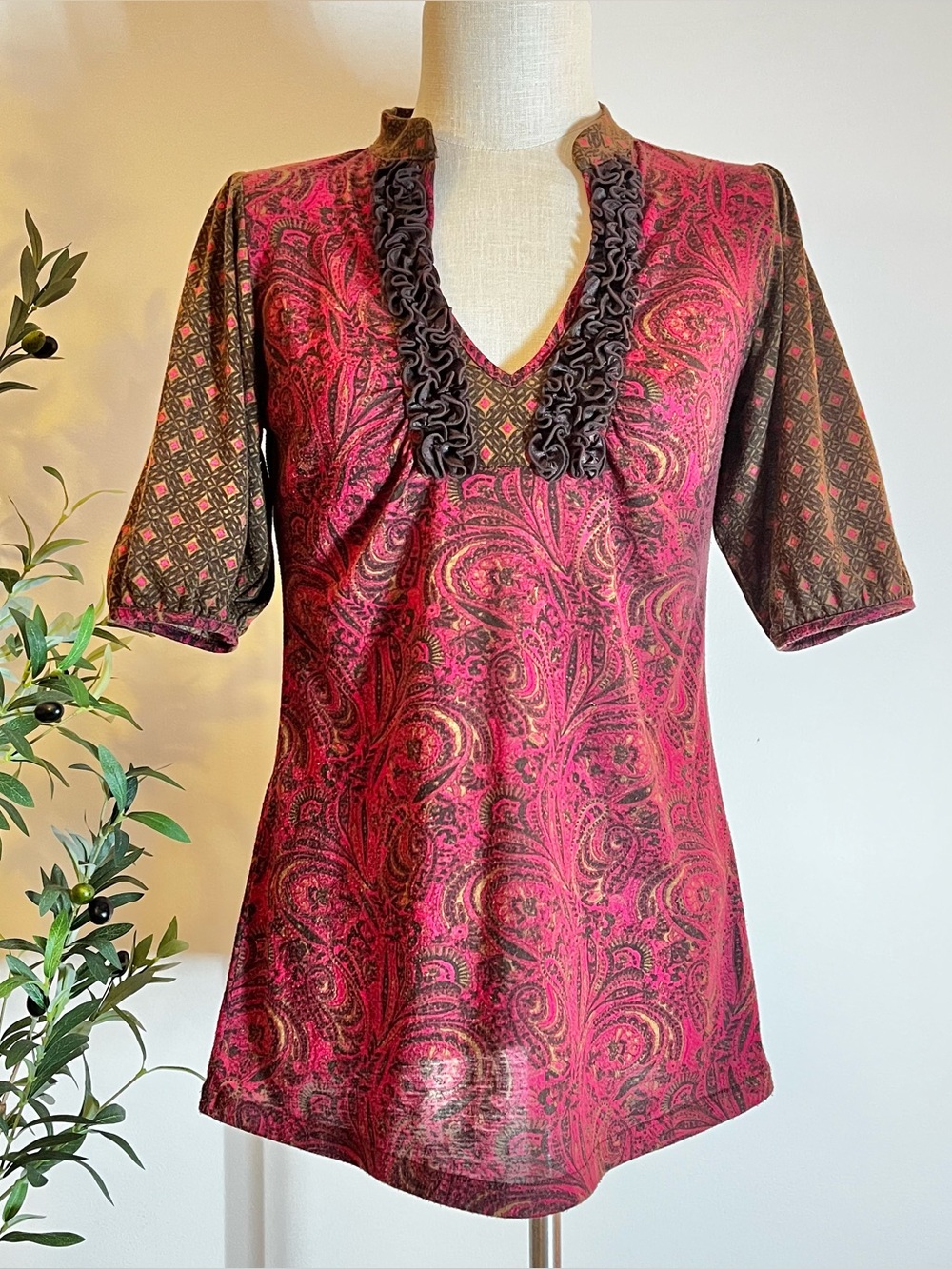 Y2K bohemian Ruffled V-Neck Paisley Fall Top